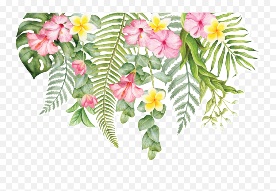 Download Cut Wall Tropical Decal Flower Design Floral - Tropical Leaves With Flowers Png Emoji,Japanese Emoticon Flower In Hair