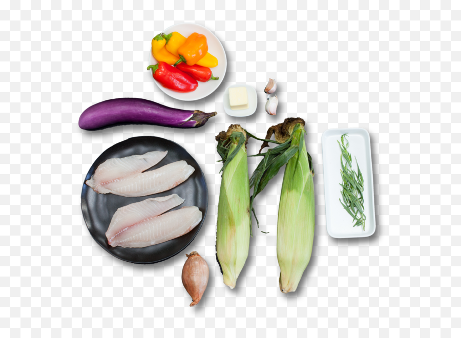 Tilapia With Shallot - Tarragon Butter Over Corn U0026 Japanese Eggplant Emoji,Corn And Eggplant Emoticon