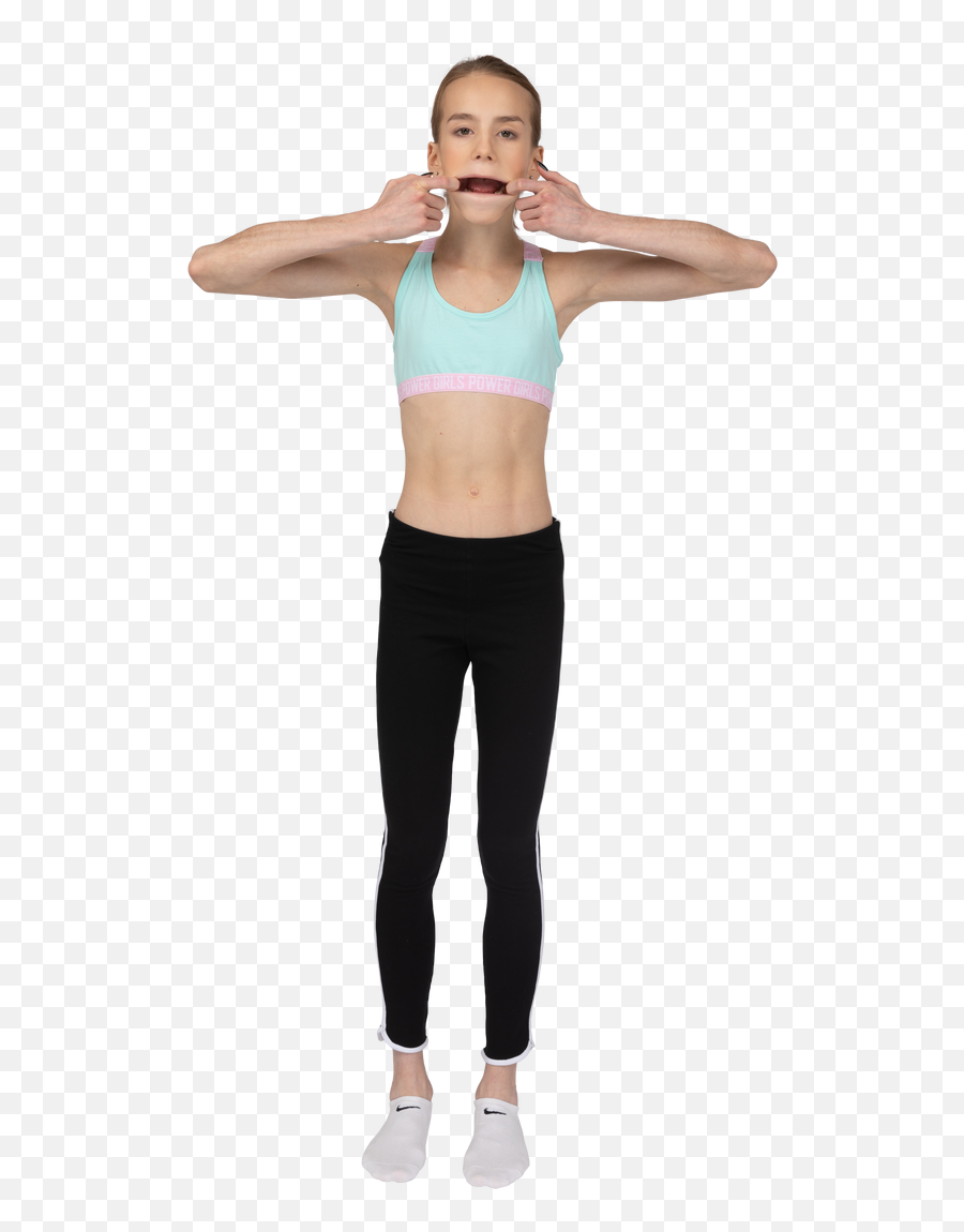 Front View Of A Teen Girl In Sportswear Raising Hands And Emoji,Emoji Girl Raises Hand