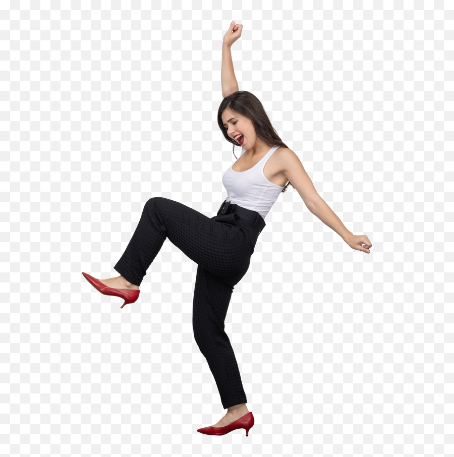 Foto De Vista Lateral De Una Mujer Joven Feliz Bailando Por Emoji,Emoticon La Manito En La Barbilla