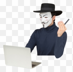 Hacker Wearing Vendetta Mask Sitting At The Laptop And Emoji,Emoji Costume Computer Error