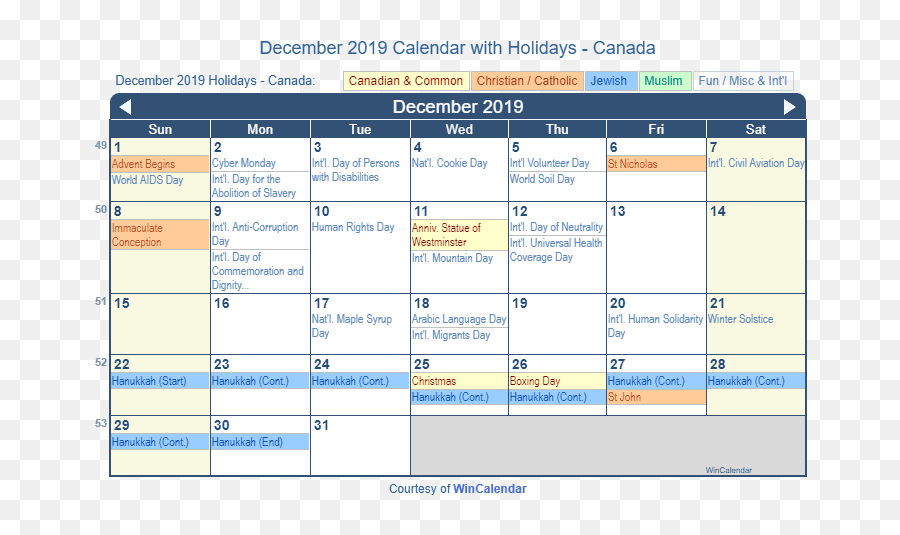 December 2019 Calendar With Holidays - Canada January 2018 Holiday Calendar Emoji,New Emojis 2019 December