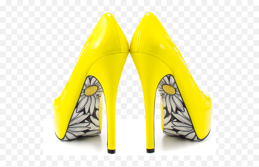 Womenu0027s Yellow Platform Heels Floral Print Almond Toe - Round Toe Emoji,Ball And Shoe Emoji Name