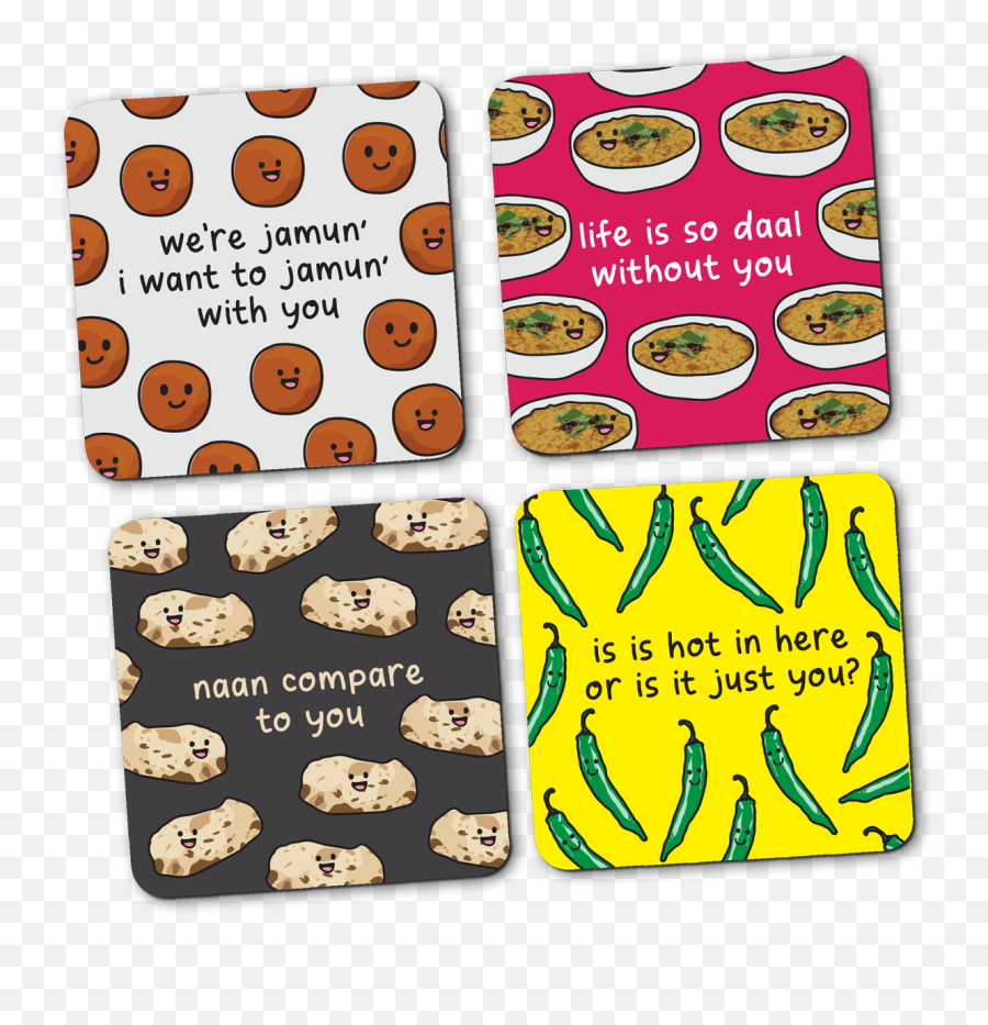 Set Of 4 Food Pun Coasters - The Playful Indian Emoji,Emoji For Bad Pun