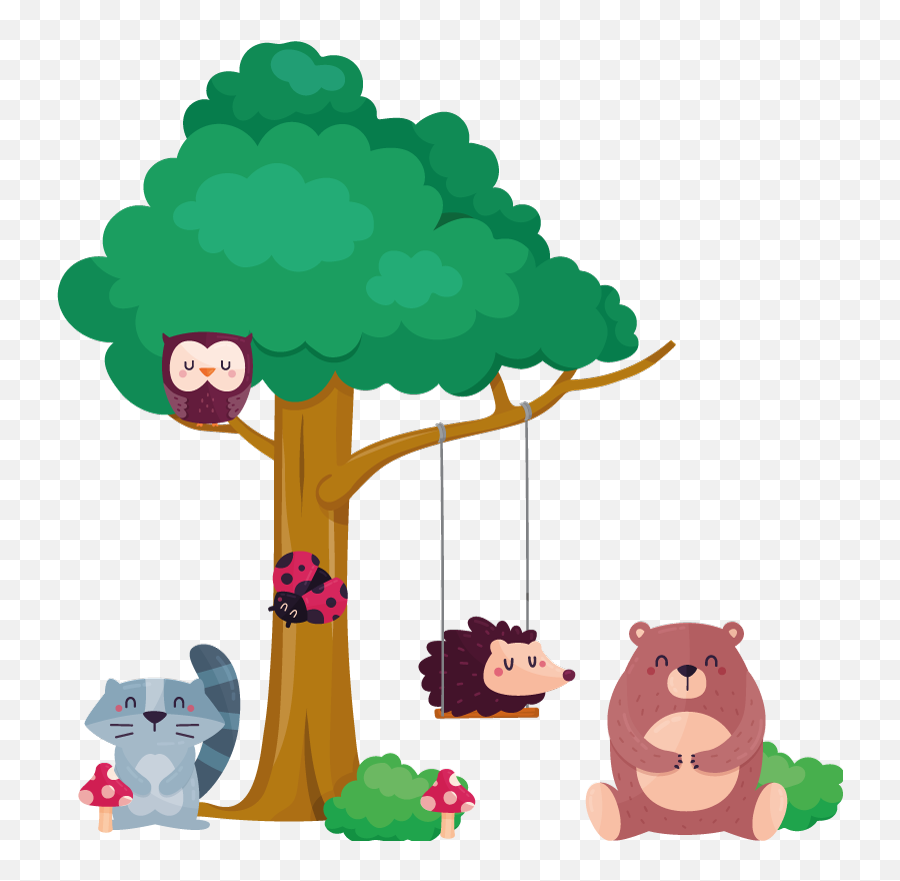 Forest Animals Around A Swing Illustration Wall Art Emoji,Animated Emoticon Big Insect