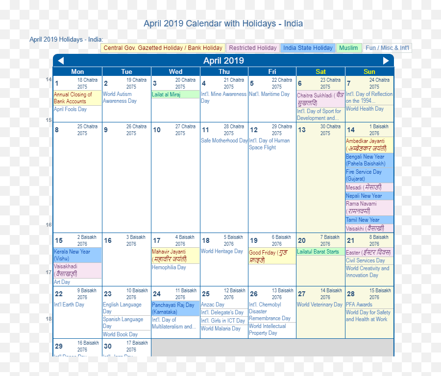 April 2019 Calendar With Holidays - India Vertical Emoji,Polio Emoji