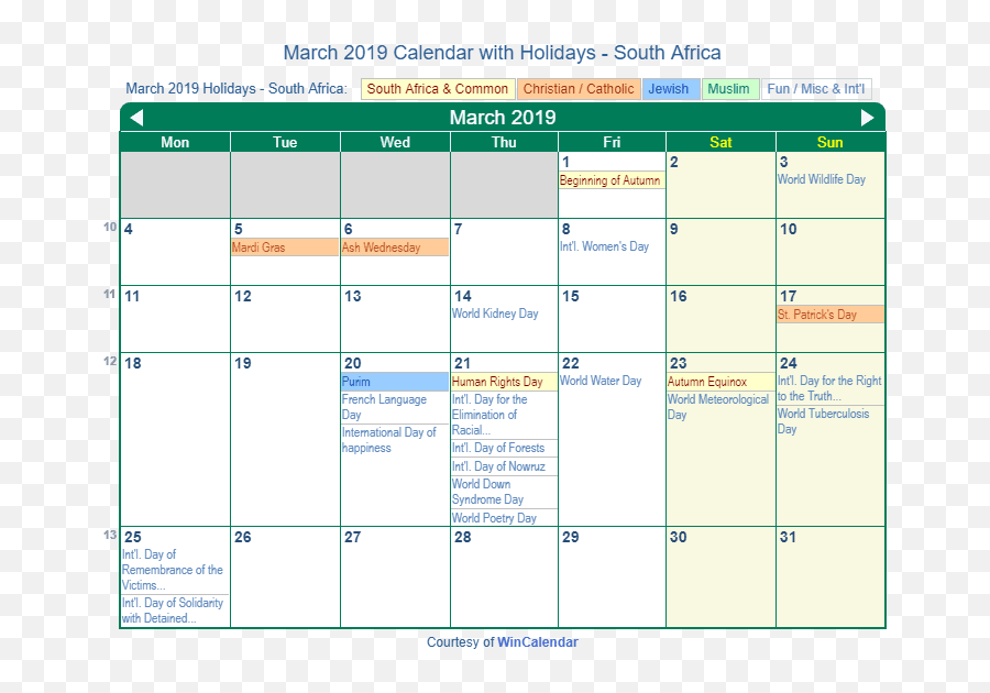 March 2019 Calendar With Holidays - South Africa Emoji,Purim Emojis