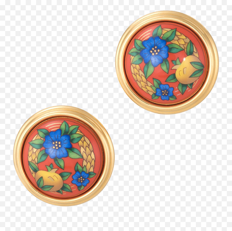 Hermes Orange Enamel Round Clip Earrings Flowers Yellow - Serveware Emoji,Emoji Earrings