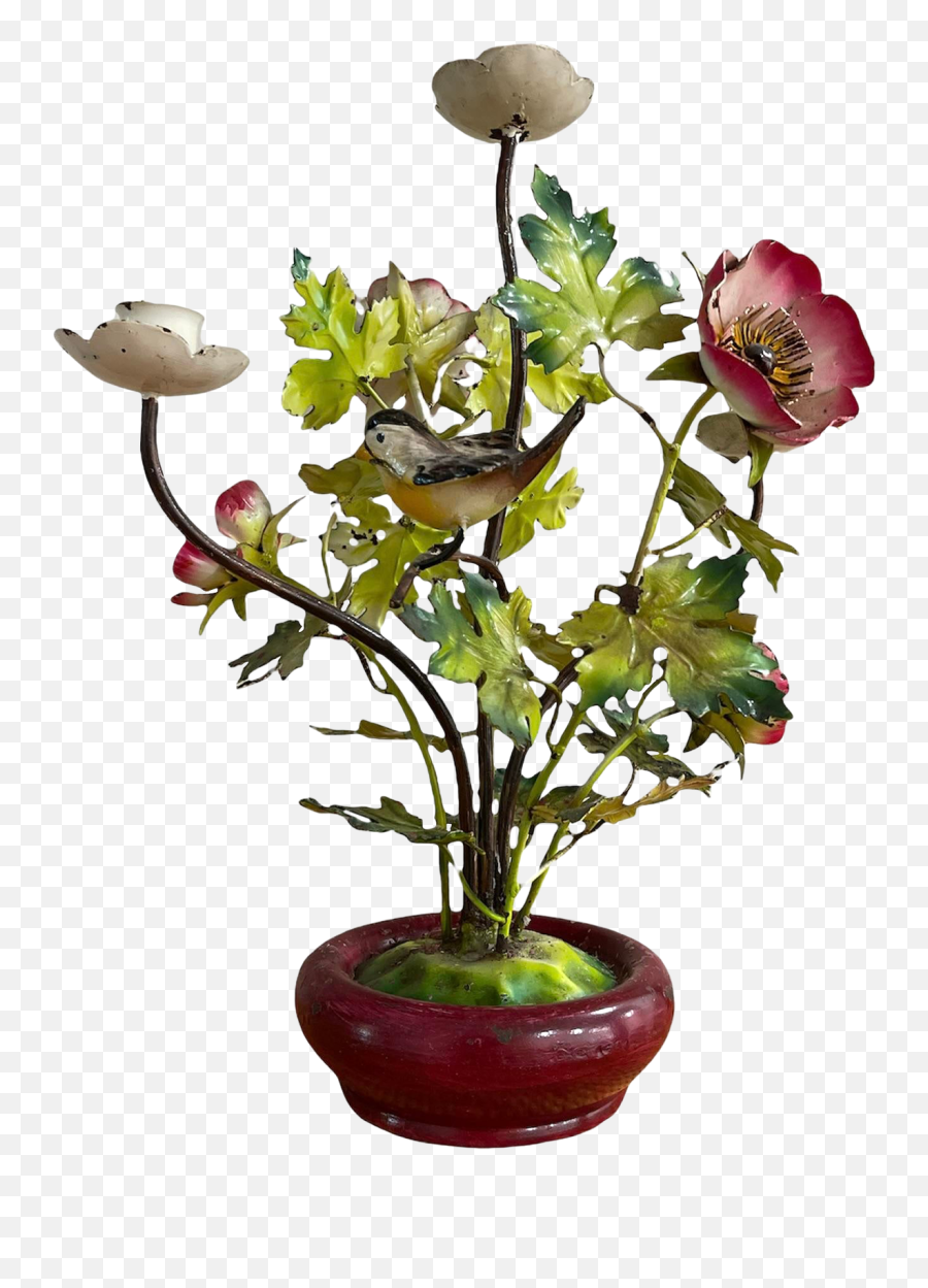 Italian Tole Potted Flowers With Bird Candleholder Emoji,Candle Emojii
