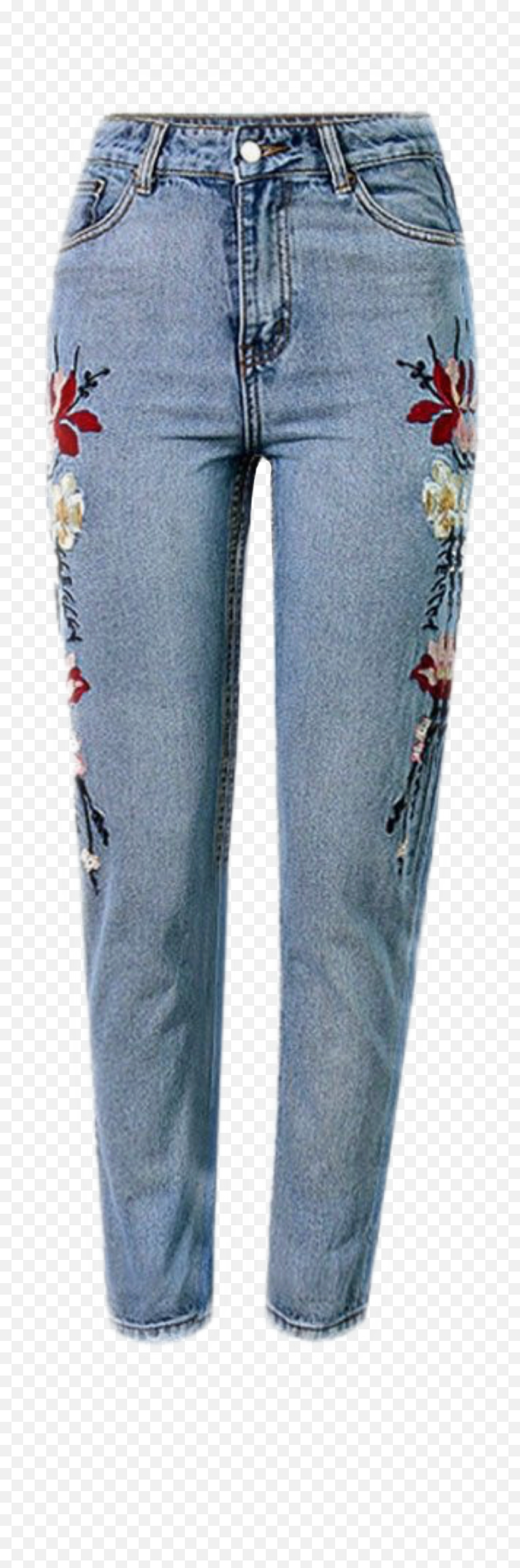 Sticker - Calça Jeans Bordada Com Flores Emoji,Emoji Print Pants