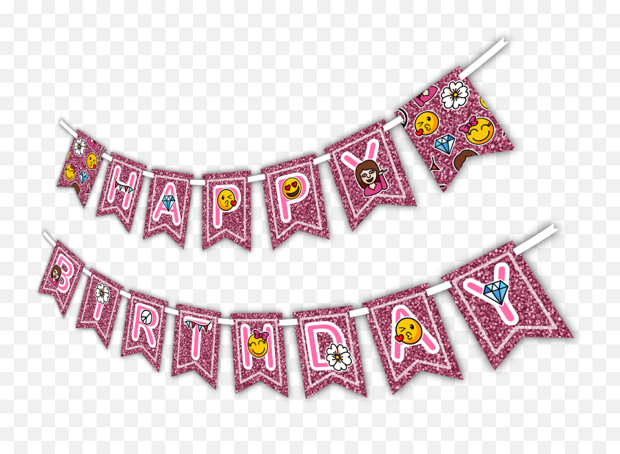 Girl Pink Glitter Emoji Happy Birthday Party Banner - Decorative,Pink Ribbon Emoji