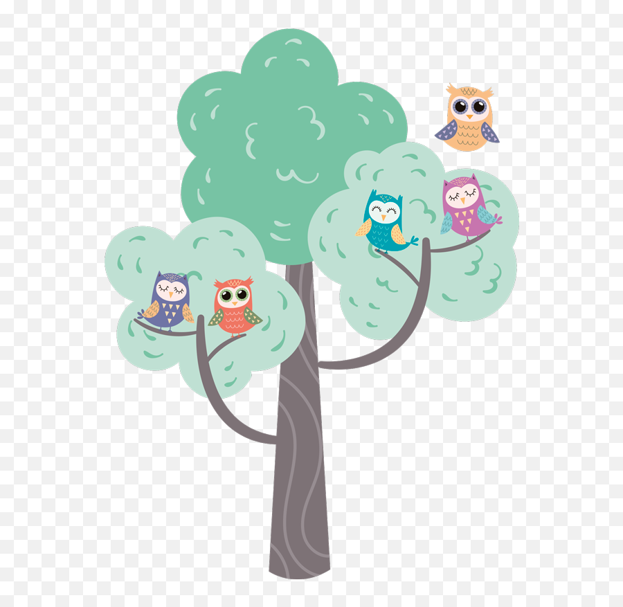Colorful Tree With Owls Illustration Wall Art Decal - Arbol Nordico Dibujo Emoji,Emoji Wall Art Designs