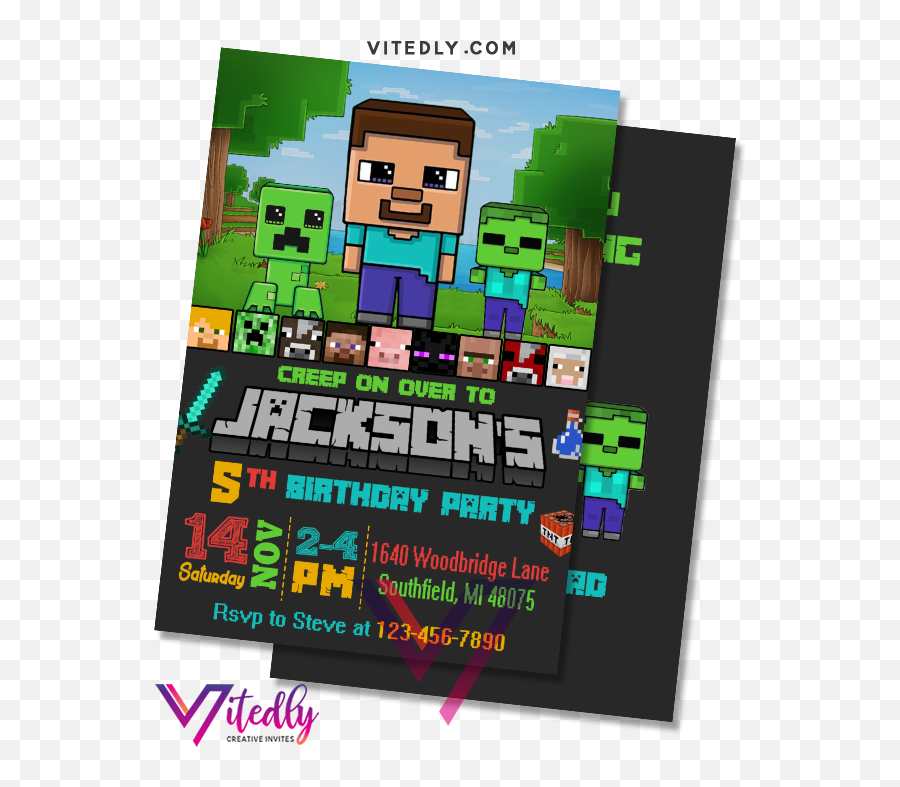 Minecraft Birthday Invitations - Fictional Character Emoji,Minecraft Birthday Steve Emoji