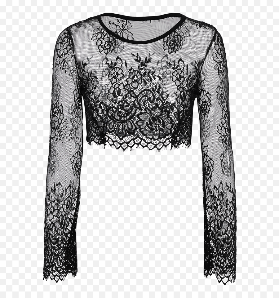 Black Lace Long Sleeve See - Through Crop Top 1449 Use The See Through Top Png Emoji,Crop Top Emojis