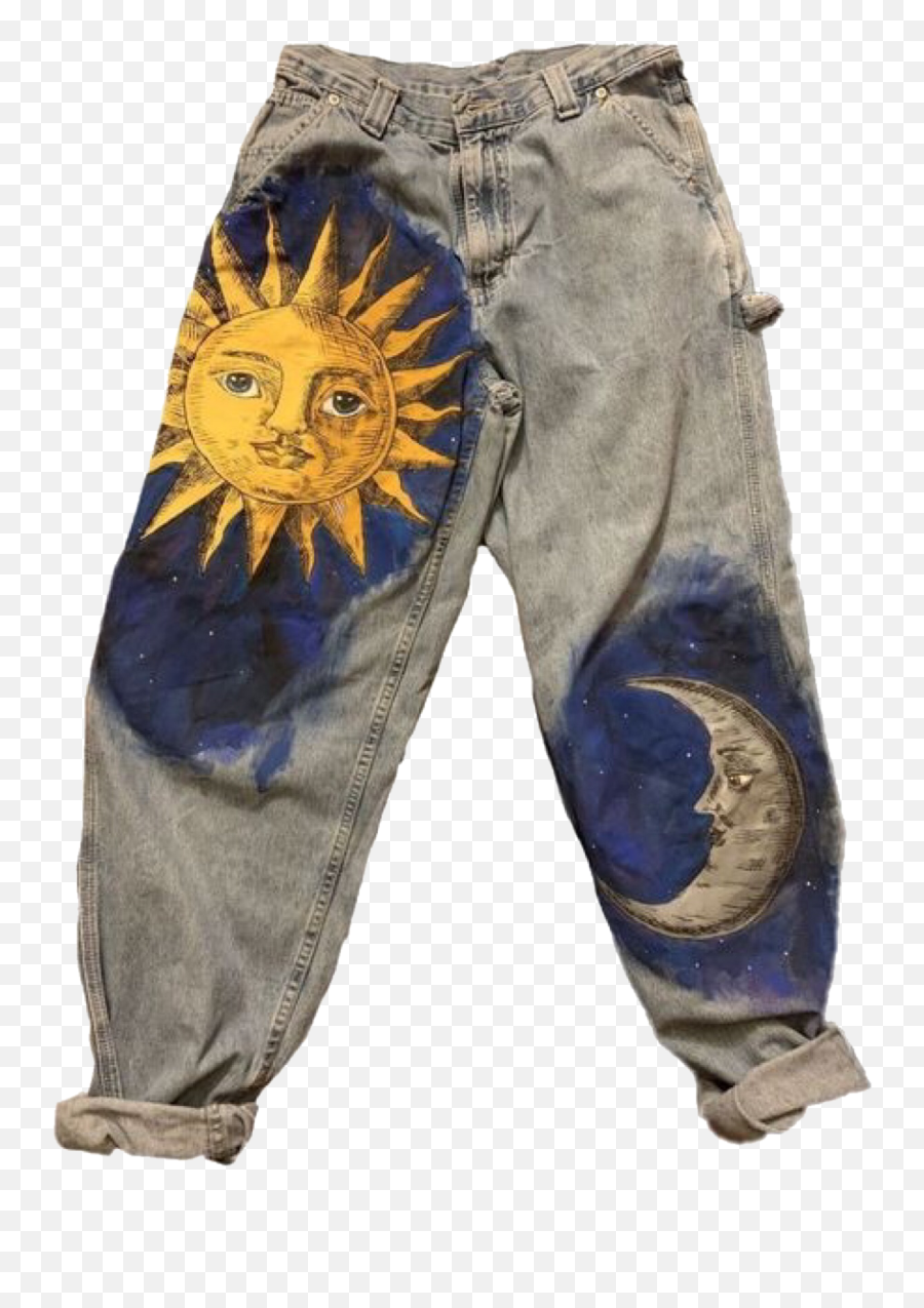 Pants Trousers Artsy Aesthetic Vintage - Sun And Moon Painted Jeans Emoji,Emoji Pants For Girl