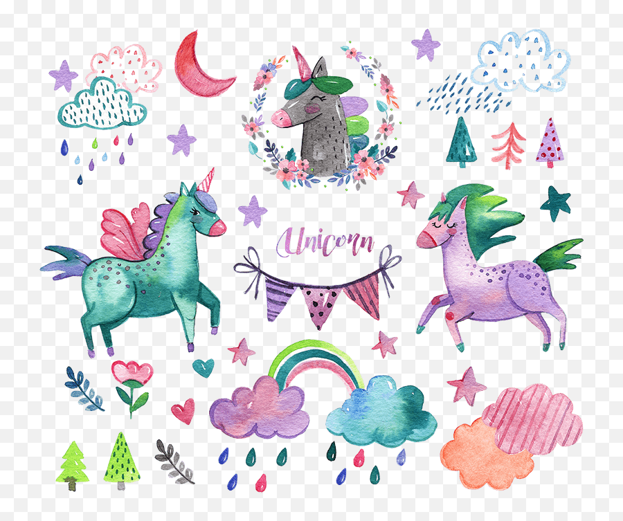 Watercolor Unicorn Elements Png Psd K589 - Baby Shower Free Unicorn Watercolor Png Emoji,Unicorn Emoji Invites