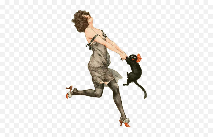 Vintage Woman Happy Oldfashion Sticker - French Woman Dancing With Cat Emoji,Lady Cat Emoji