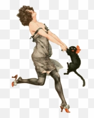 Vintage Woman Happy Oldfashion Sticker - French Woman Dancing With Cat Emoji,Lady Cat Emoji
