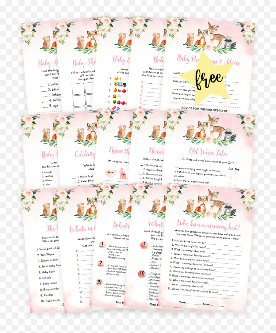 Blush Pink Floral Woodland Baby Shower Game Pack - Horizontal Emoji,Baby Shower Emoji Pictionary Answers