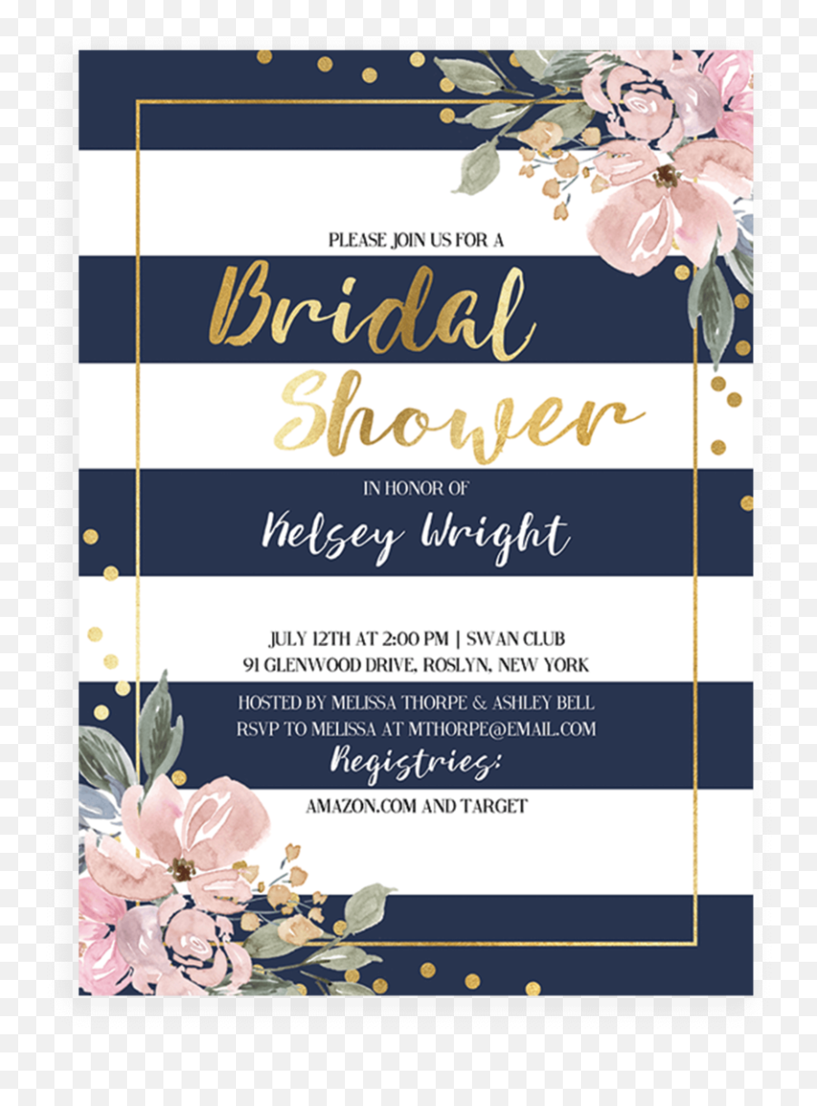 Pink Flowers And Navy Stripes Bridal Shower Invite - Navy And White Baby Shower Invitation Emoji,Bridal Emoji Pictionary