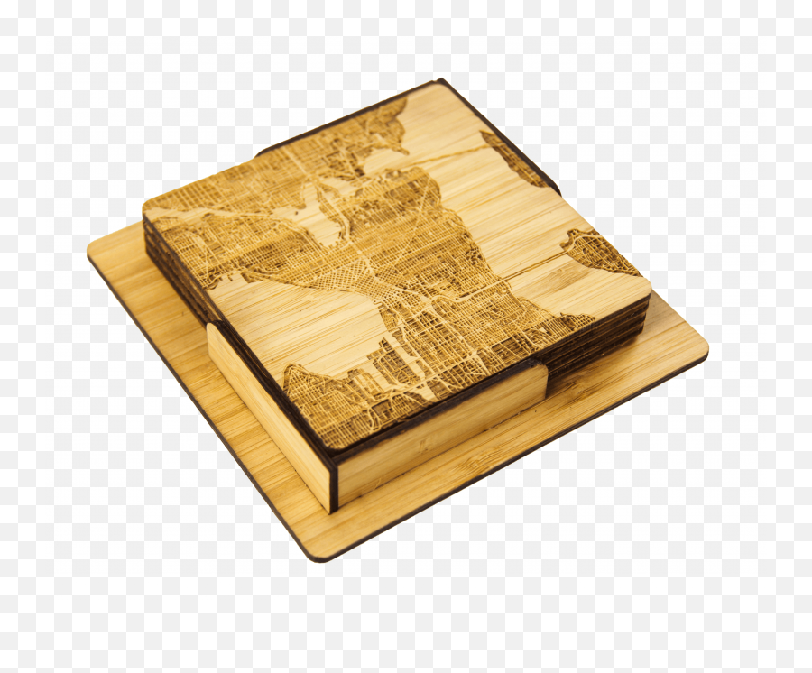 Seattle Map Engraved Bamboo Coaster Set - Plywood Emoji,Emoji Coasters