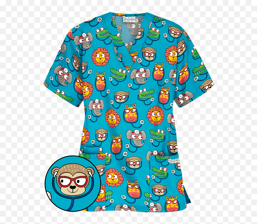 Ua Zoo Crew Turquoise V - Neck Print Scrub Top Animal Scrubs Short Sleeve Emoji,Red Sox Emoticons