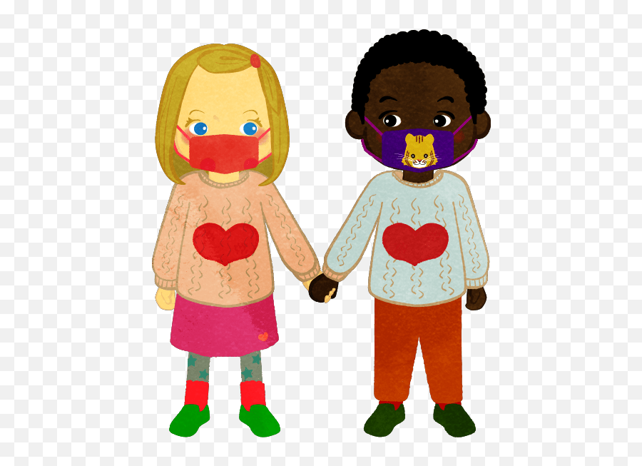 Boy And Girl Wearing A Heart Sweater Holding Hands With A Emoji,Masked Girl Emoticon