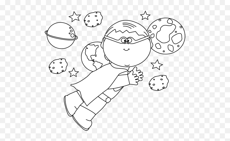 Black And White Superhero Boy Flying In Space Clip Art - Boy In Space Clipart Black And White Emoji,Emotions Clipart Black And White