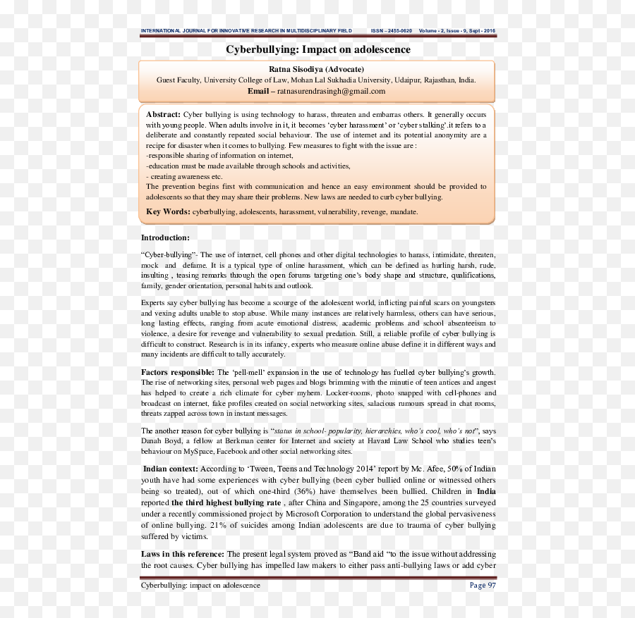 Pdf Cyberbullying Impact On Adolescence - Ratna Sisodiya Document Emoji,Emotion For Woman Acts Insulted For Being Called Rude When She Was Rude