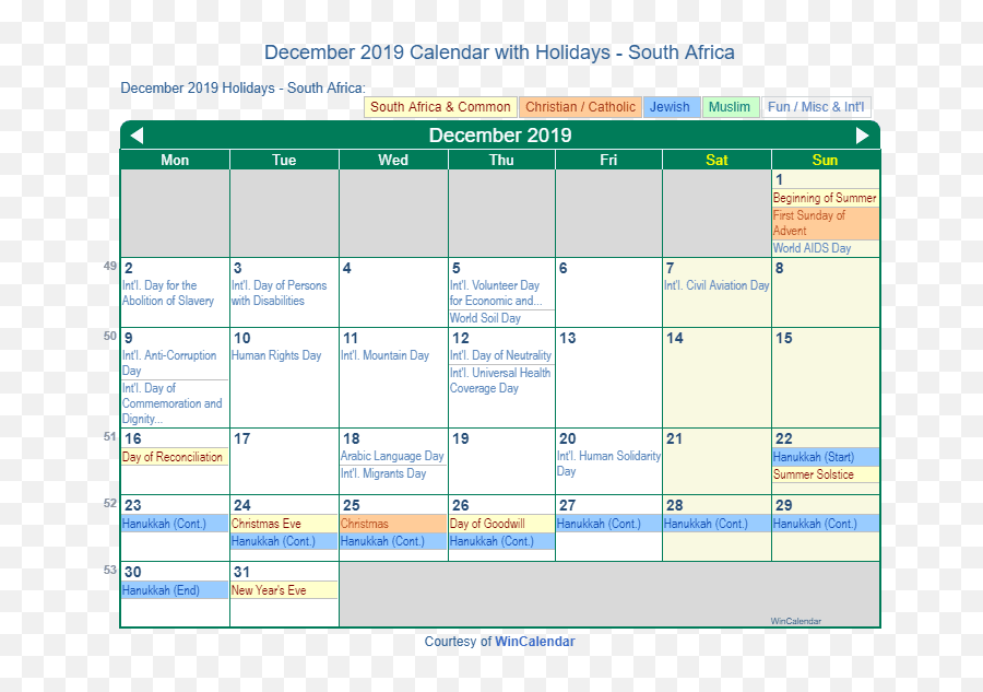 December 2019 Calendar With Holidays - South Africa South African Calendar December 2019 Emoji,Christmas Eve Emoji