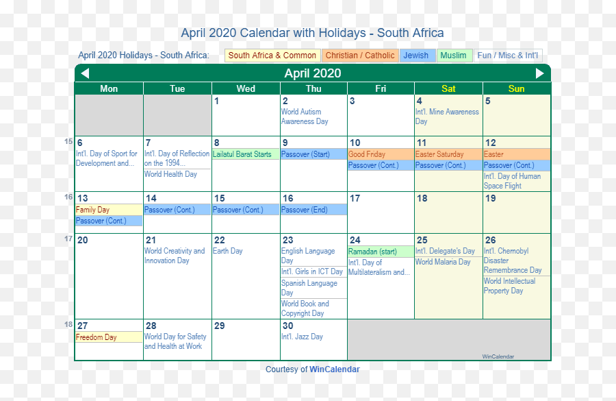 April 2020 Calendar With Holidays - South Africa Calendar Emoji,Passover Emoji