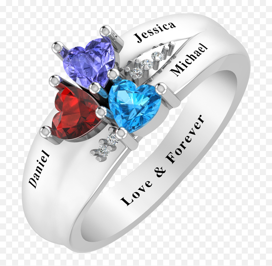 Solid Sterling Silver 2 Ct Three Heart Cluster Ring With Birthstone Colored Czs For Women - Wedding Ring Emoji,Heart Emoticon Ring Silver