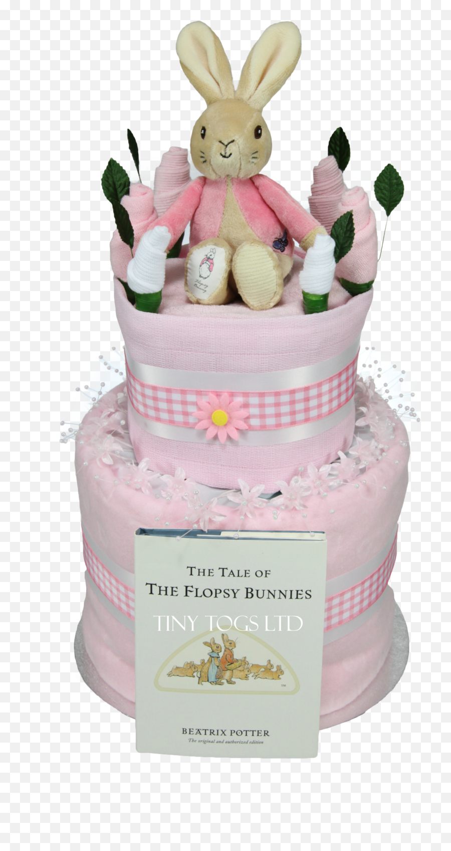 Baby Girl Two Tier Nappy Cake With Flopsy Bunny Baby - Cake Decorating Supply Emoji,Girl Emoji Cake