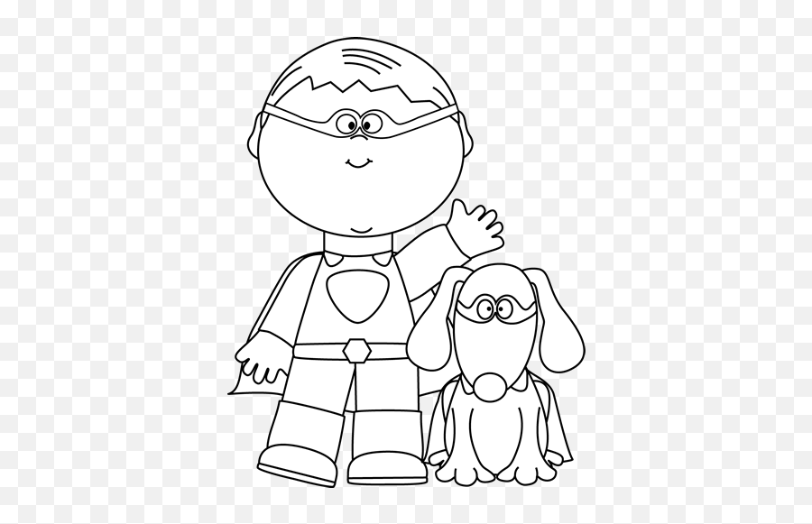 Black And White Boy Superhero And Dog Clip Art - Black And Super Hero Cartoon Clipart Black And White Emoji,Emotions Clipart Black And White