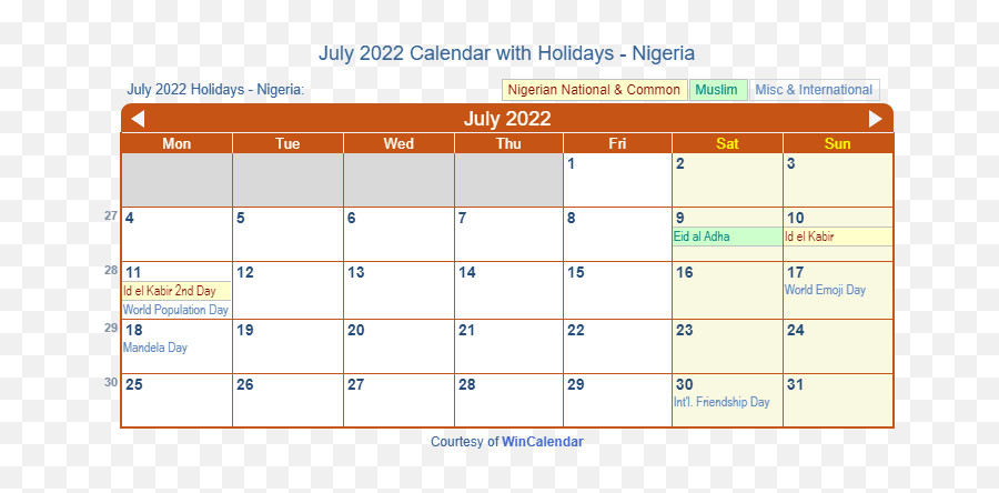 July 2022 Calendar With Holidays - Nigeria Emoji,Eid Emojis
