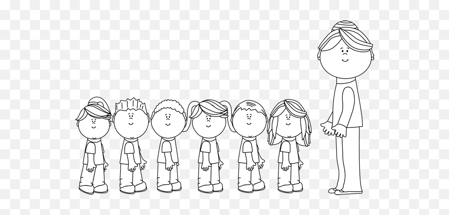 Black And White Students In Line With Teacher Book Clip - Standing Around Emoji,Emotions Clipart Black And White