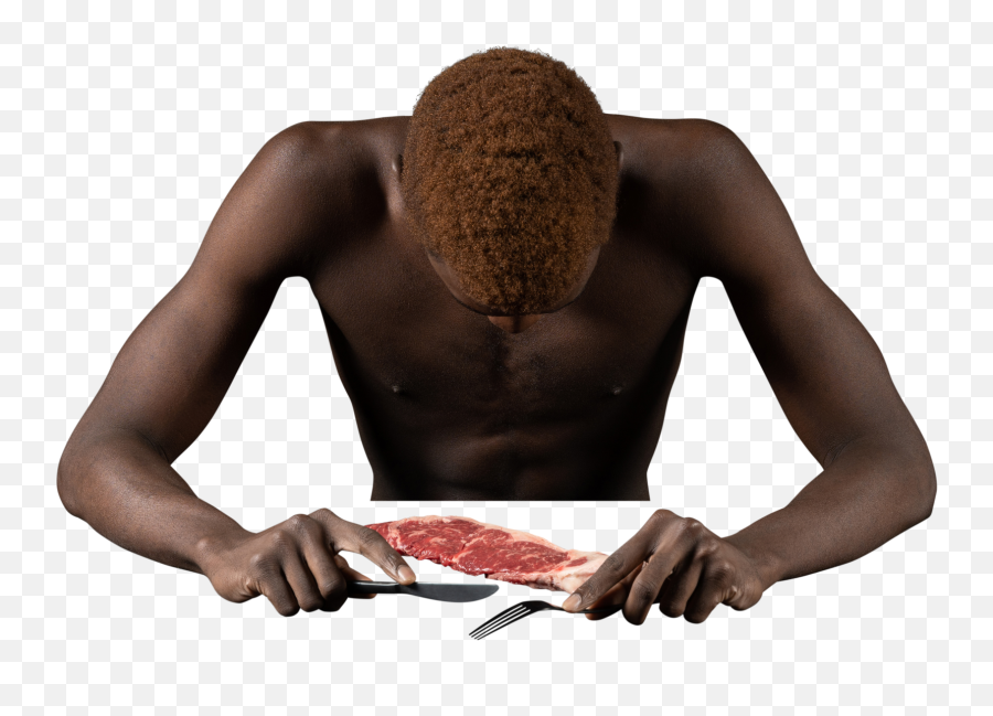 Front View Of A Withdrawn Young Afro Man Sitting Near Meat Photo Emoji,Muscular Both Arm Emoji