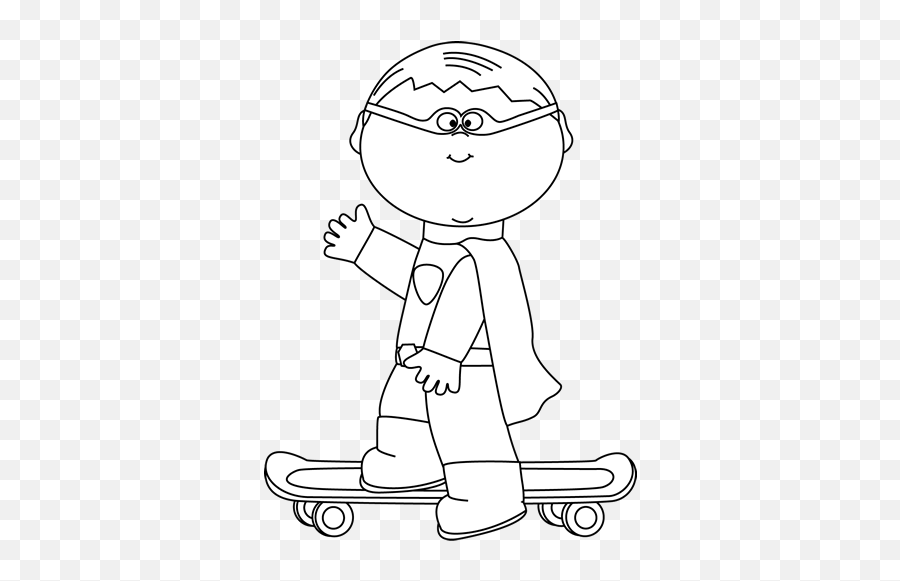Black And White Boy Superhero On A Skateboard Clip Art - Boy Skateboarding Clipart Black And White Emoji,Emotions Clipart Black And White