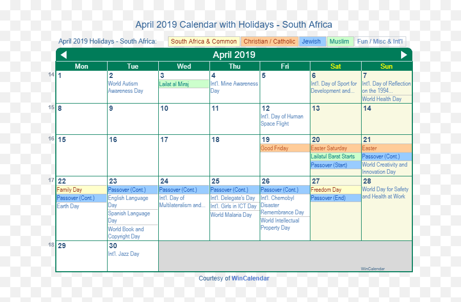 April 2019 Calendar With Holidays - South Africa Vertical Emoji,Passover Emoji