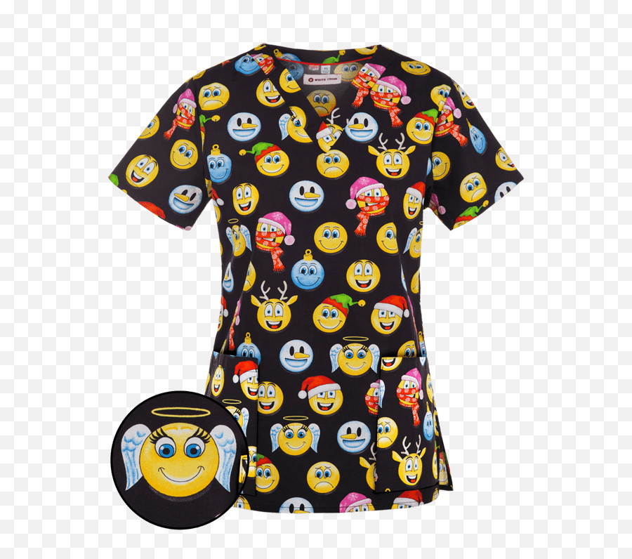 White Cross V - Neck Print Holiday Smileys Scrub Top L Print Short Sleeve Emoji,Emoticon For Top