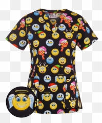 White Cross V - Neck Print Holiday Smileys Scrub Top L Print Short Sleeve Emoji,Emoticon For Top