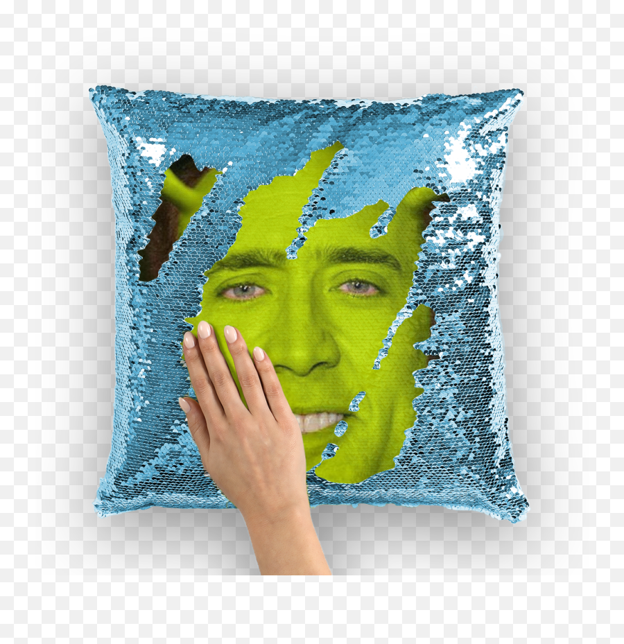 Nicolas Cage As Shrek Sequin Cushion Cover - Celebritee Clothing Emoji,Mermaid Sequin Emoji Top