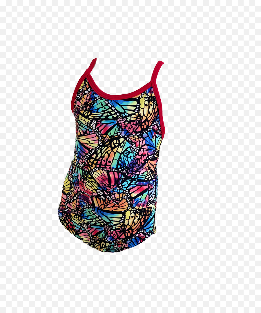 Toogs Thin Strap Swimsuit In Multi - Colour Segmented Butterfly Design With Red Straps Sleeveless Emoji,Strap On Emoji