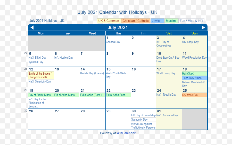 July 2021 Calendar With Holidays - United Kingdom Emoji,Eid Emojis