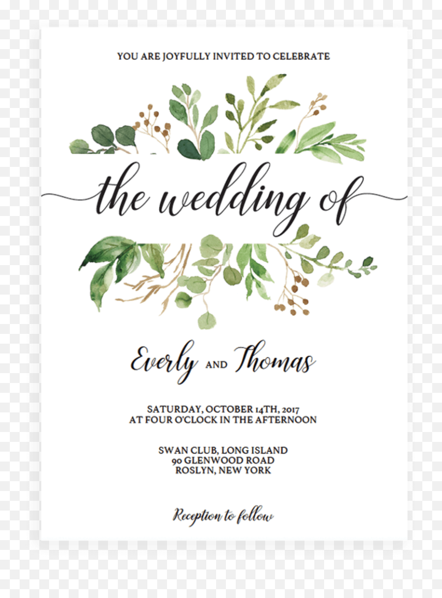 Green Leaves Watercolor Wedding Invitation Template - Wl1 Green Wedding Invitation Templates Emoji,Bridal Emoji Pictionary