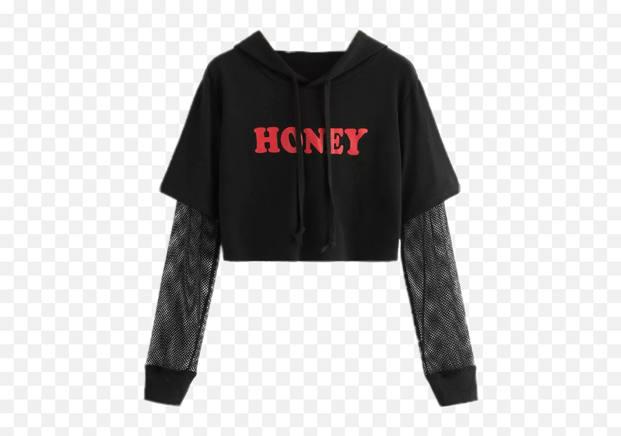 Honey Black Shirt Blackshirt Sweater - Shein Capucha Corta De Letras De Manga Con Panel Con Malla Emoji,Black Emoji Sweater