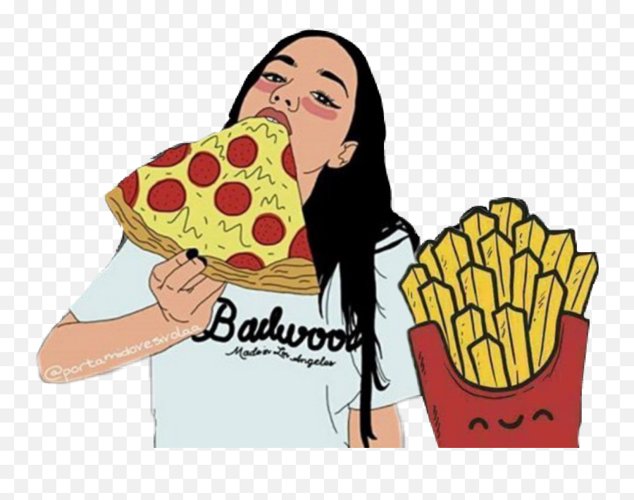 Girl Eating Pizza Drawing Clipart - French Fry Cartoon Funny Emoji,Black And White Cartoon Emoji Eating Pizza