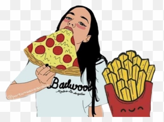 Girl Eating Pizza Drawing Clipart - French Fry Cartoon Funny Emoji,Black And White Cartoon Emoji Eating Pizza