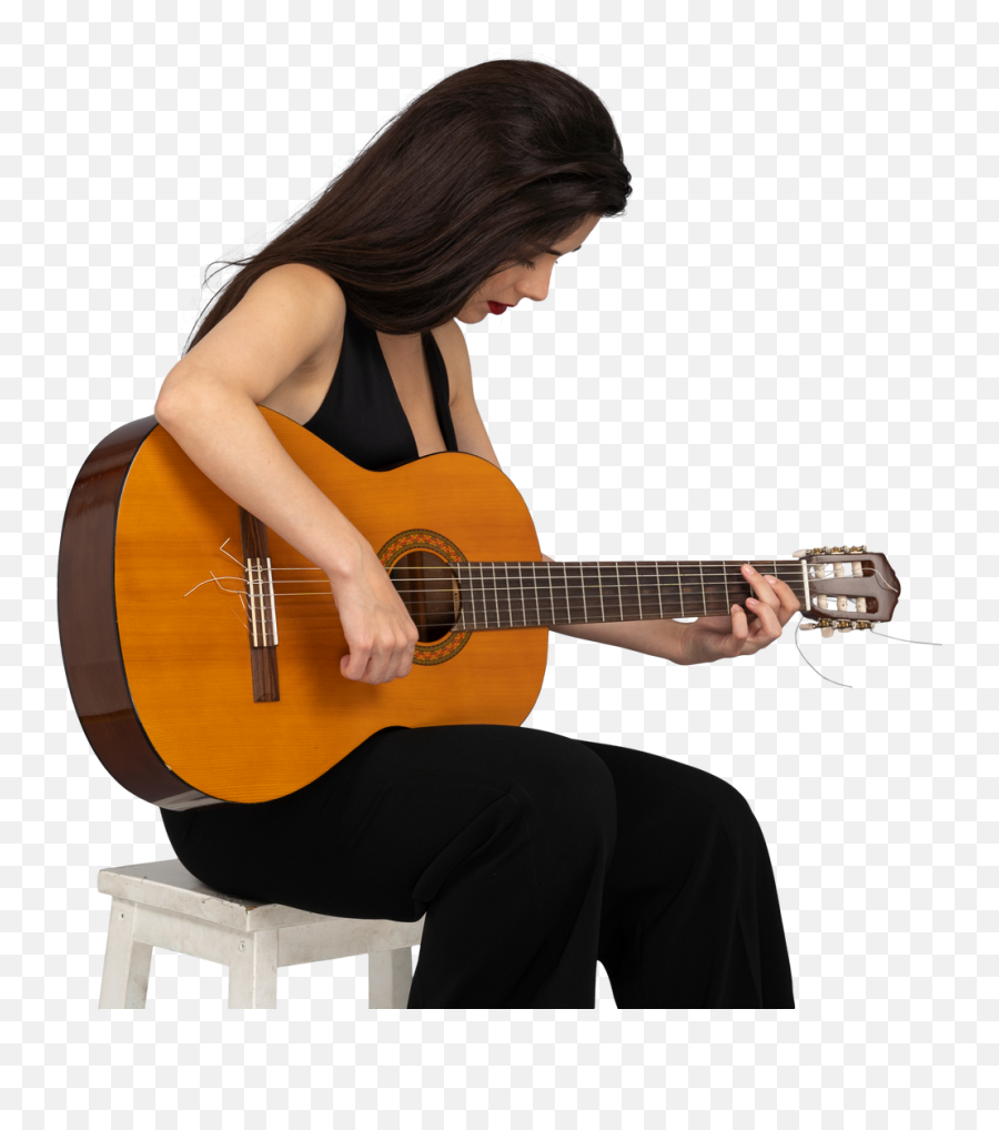 Three - Quarter View Of A Sitting Young Lady In Black Suit Emoji,Guitar Emoji