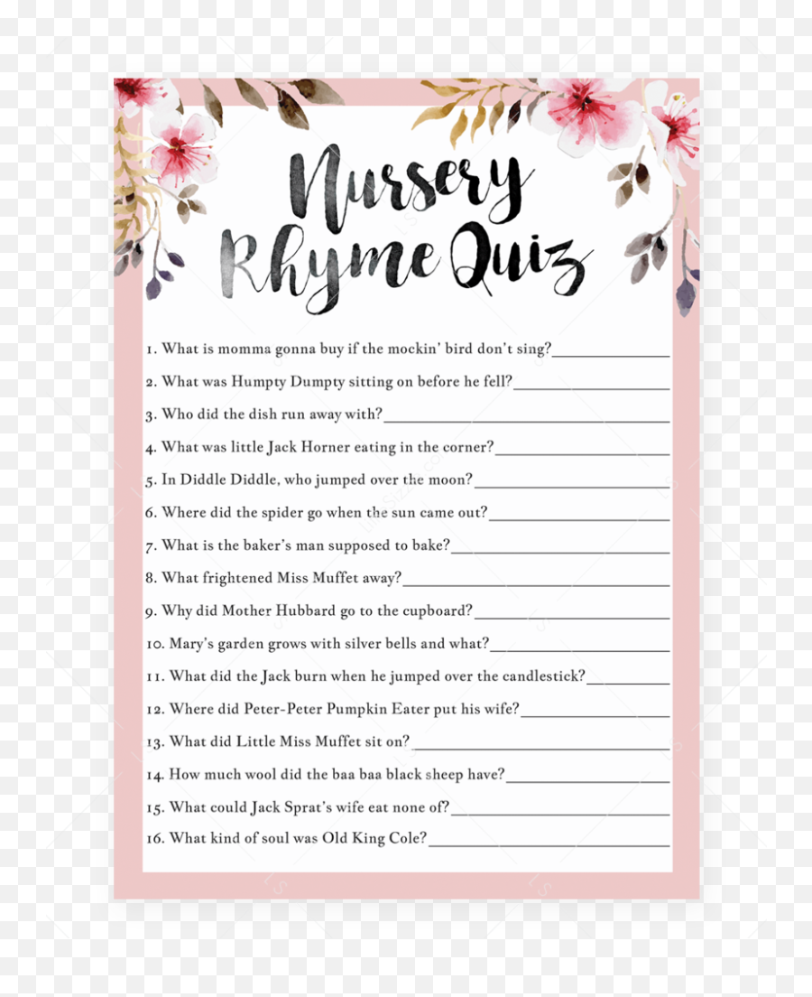 Pink Floral Nursery Rhyme Quiz For Girl - Name The Baby Animal Baby Shower Game Emoji,Shower Emoji